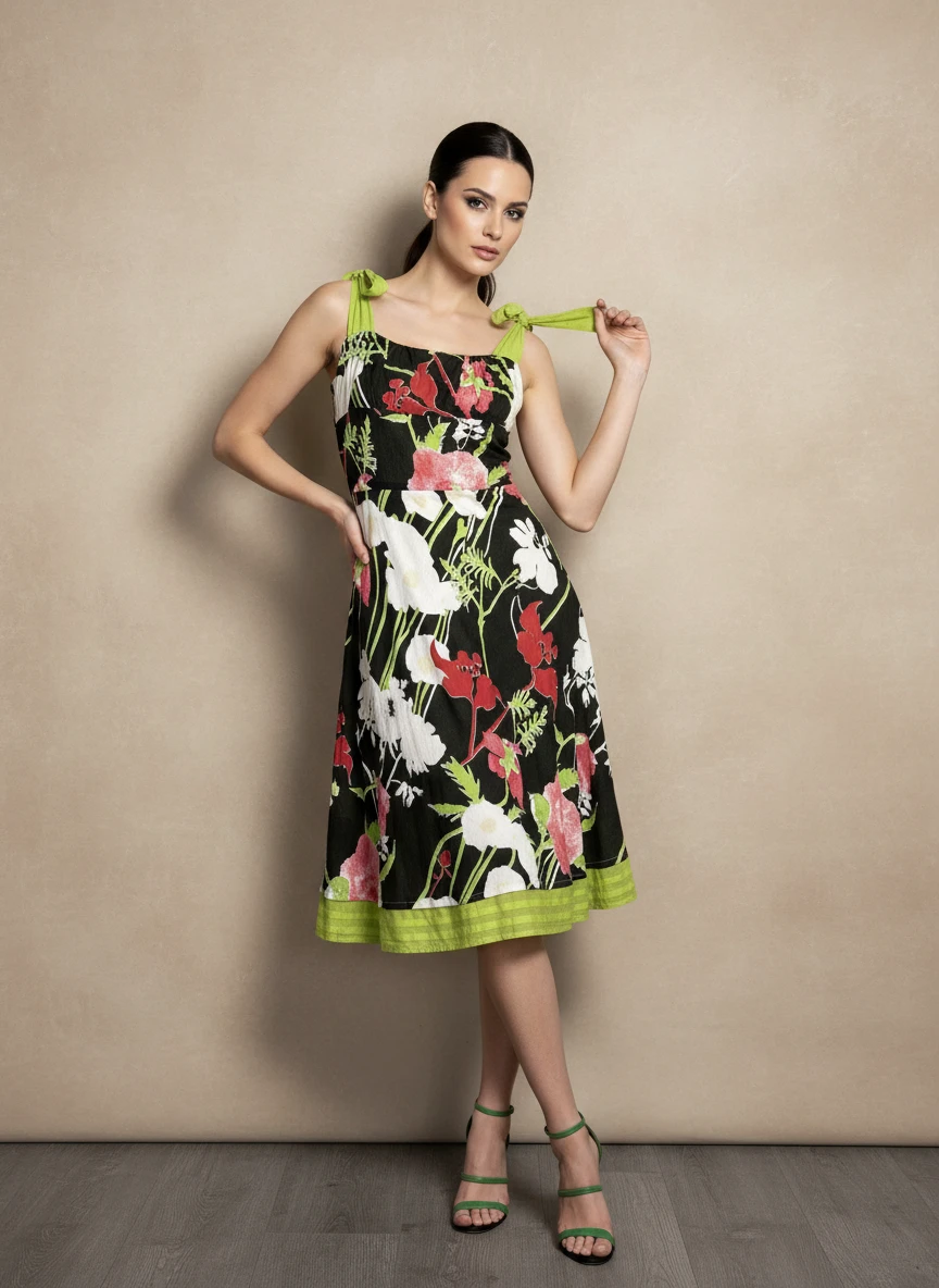 Vestido Floral Negro con Detalles en Verde Lima
