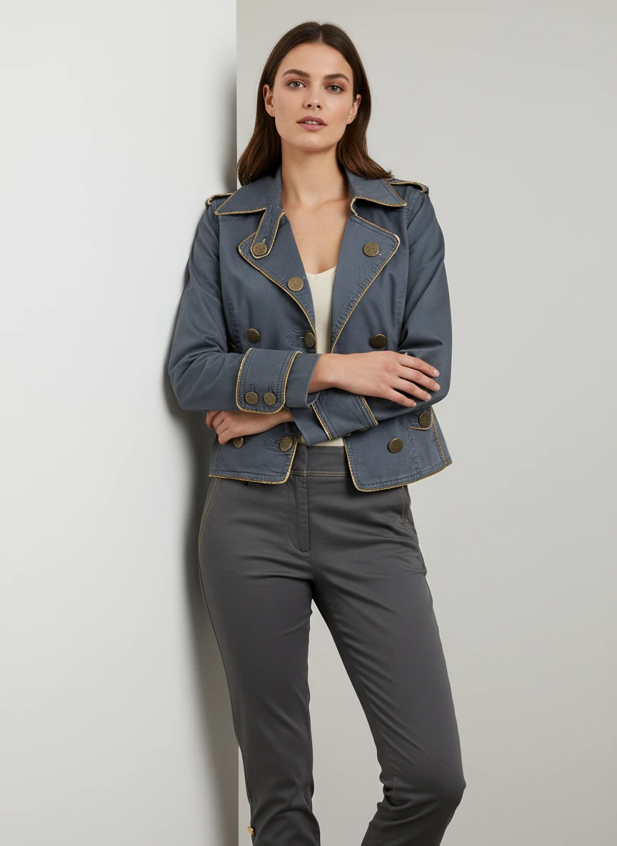 Blazer Denim Azul con Detalles de Costura Dorada
