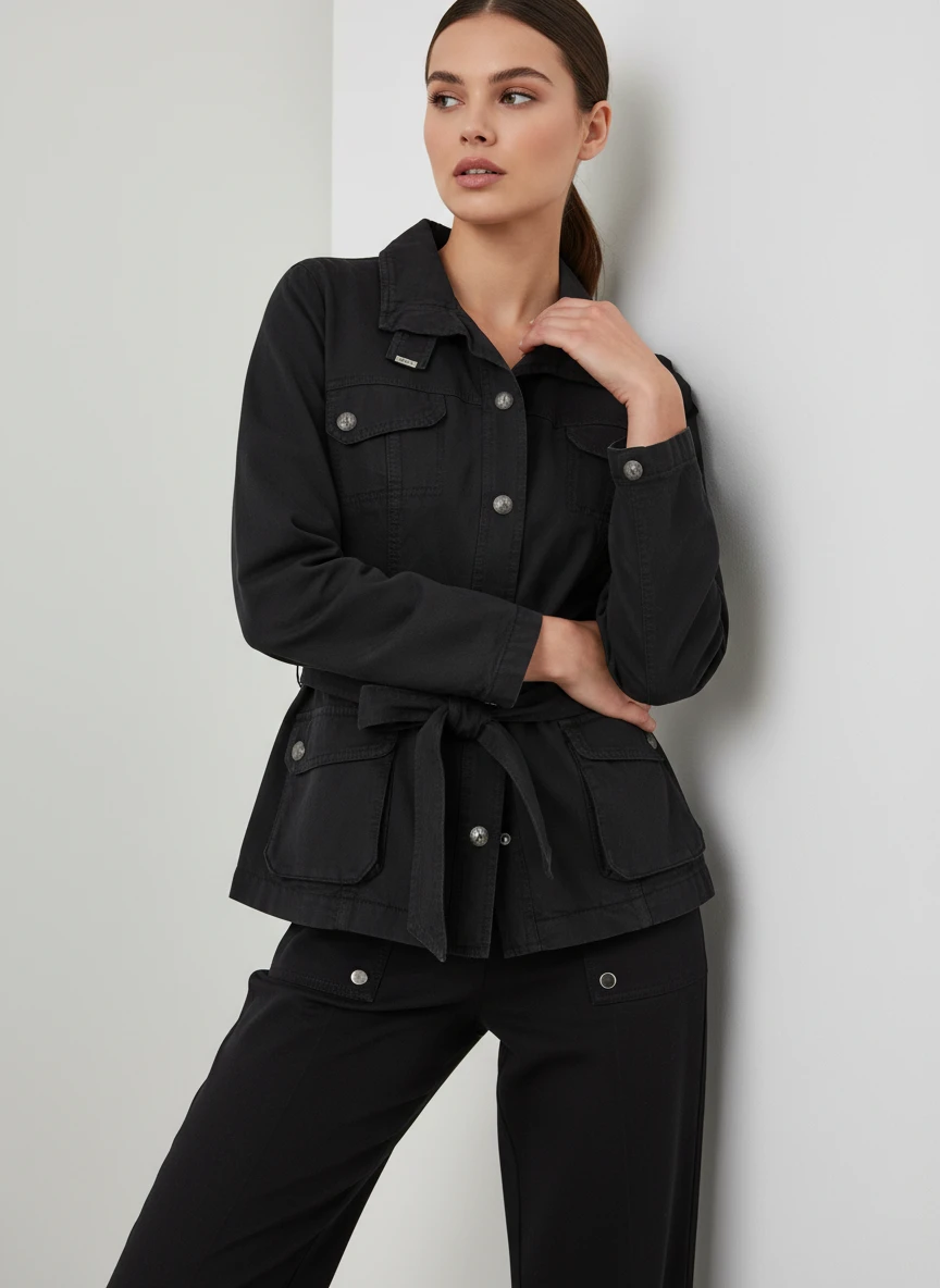 Chaqueta Denim Negra con Cinturón y Bolsillos