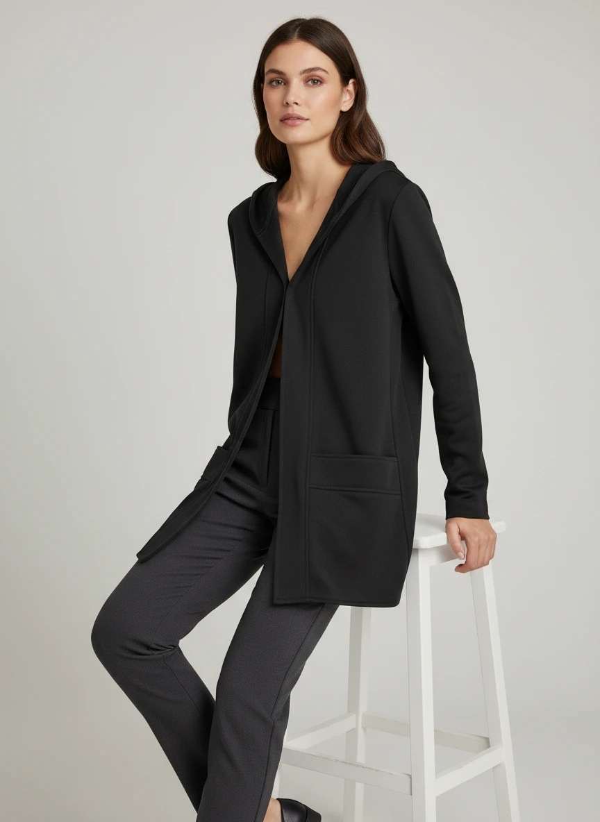 Cardigan Largo Negro Minimalista con Capucha