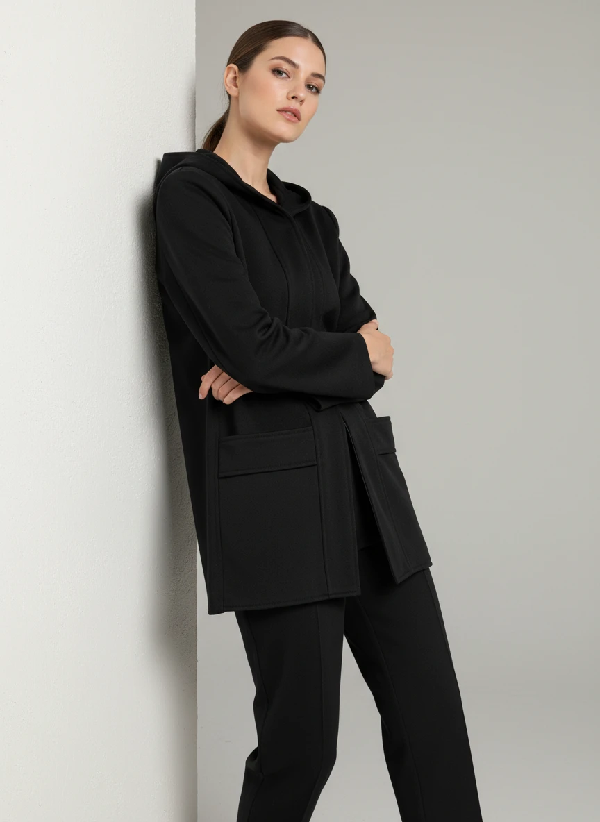 Cardigan Largo Negro Minimalista con Capucha