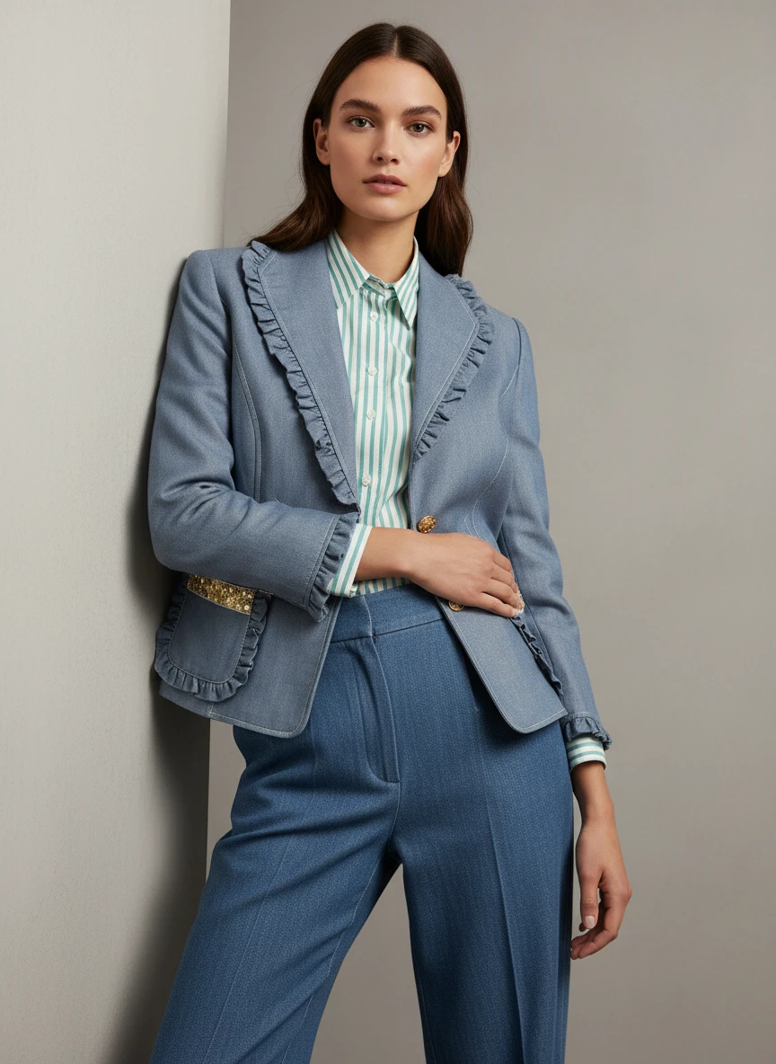 Chaqueta denim azul con detalles en cuello y puños