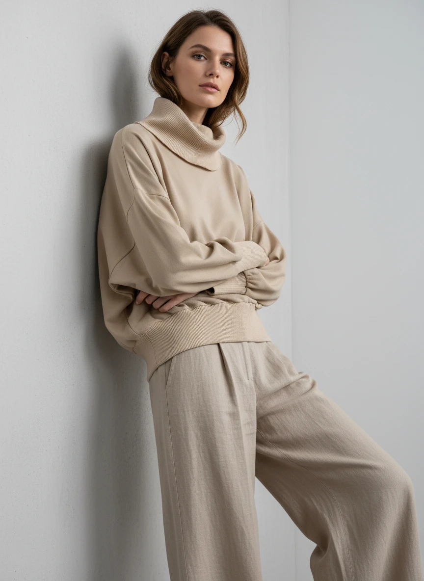 Jersey Cuello Alto Beige Minimalista