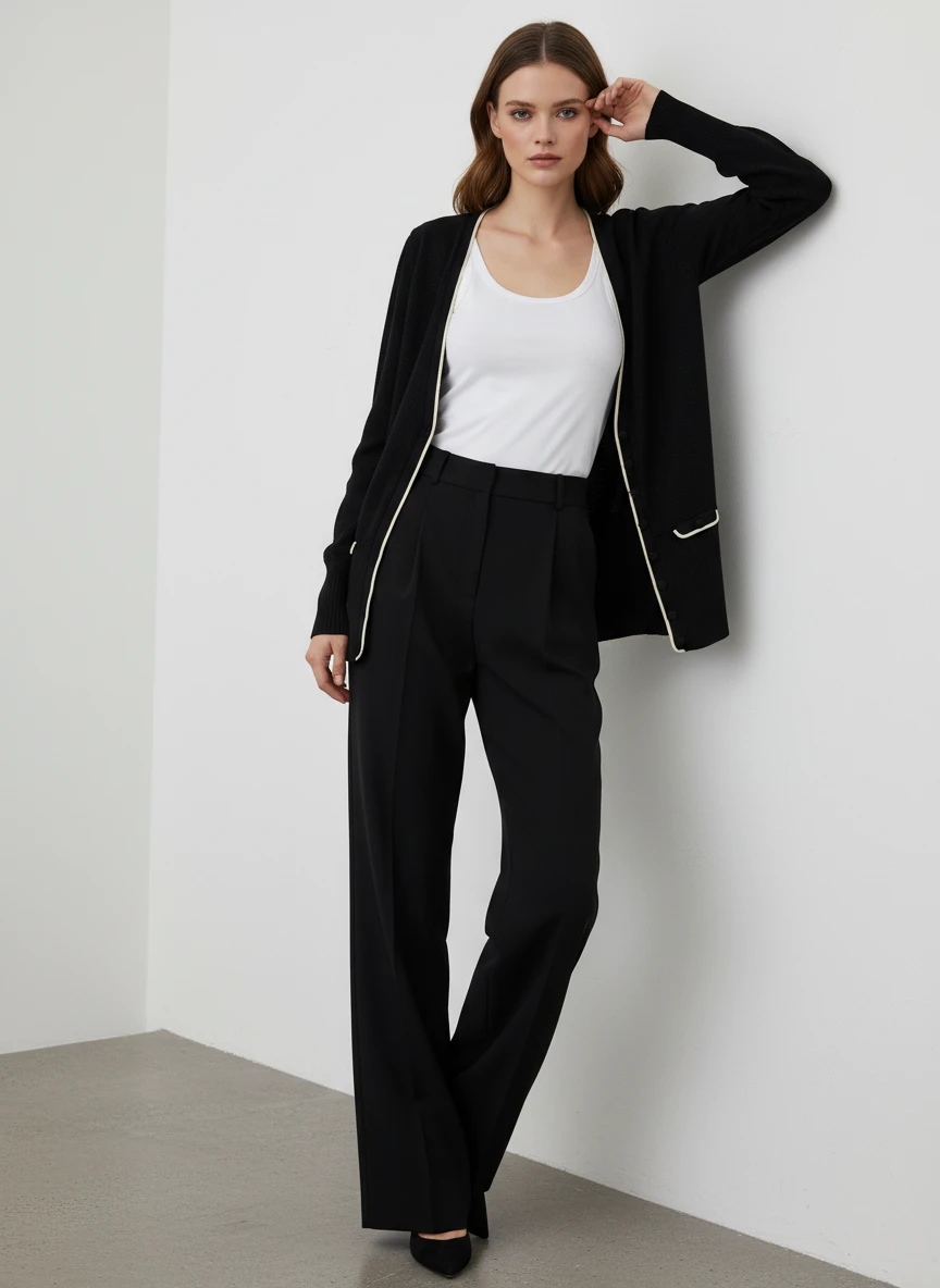 Blazer Negro Minimalista con Ribetes Blancos