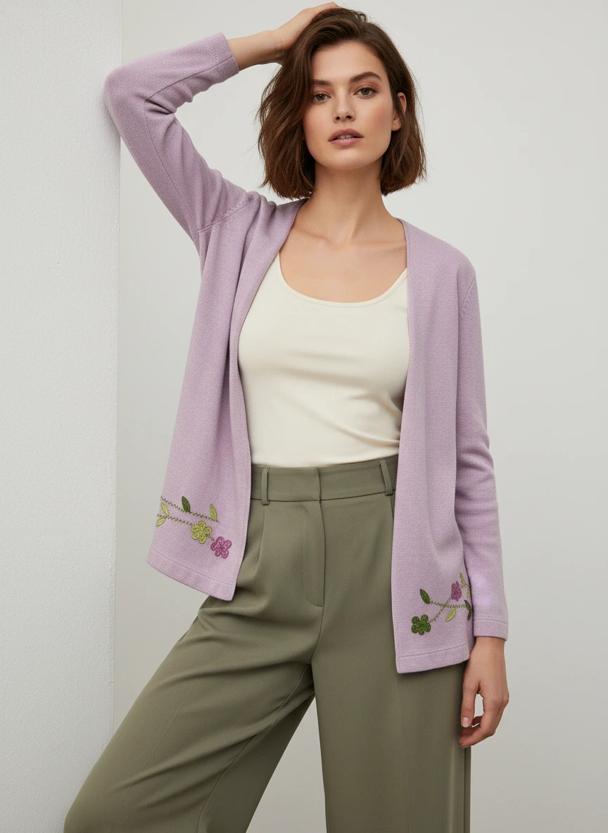 Cardigan Lavanda con Bordado Floral Delicado