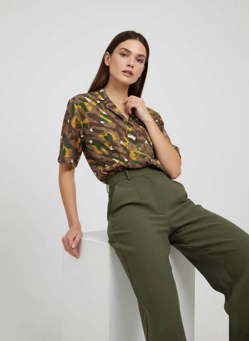 Blusa Estampada Vintage con Motivos Geométricos y Florales