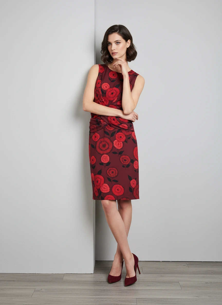 Elegante Vestido Floral Burdeos sin Mangas