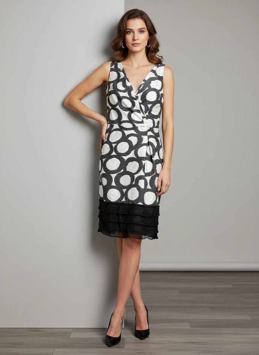 Vestido Envolvente con Estampado Geométrico Blanco y Negro