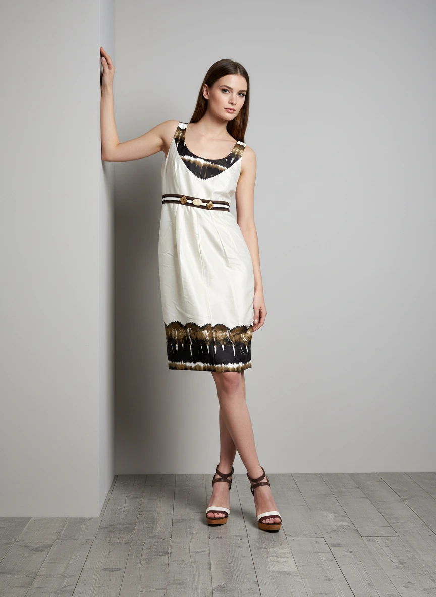 Vestido Blanco con Detalles Dorados y Negros