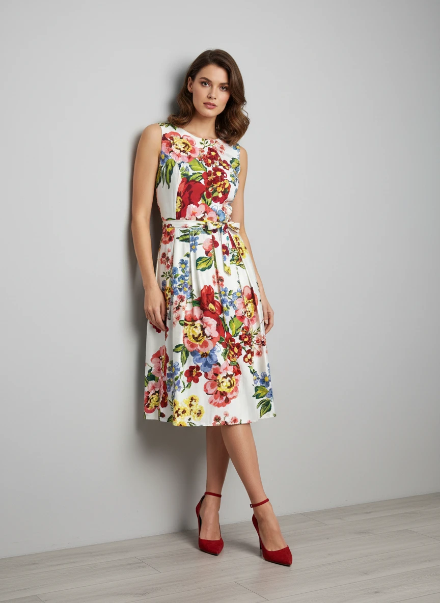 Vestido Floral Midi con Cinturón