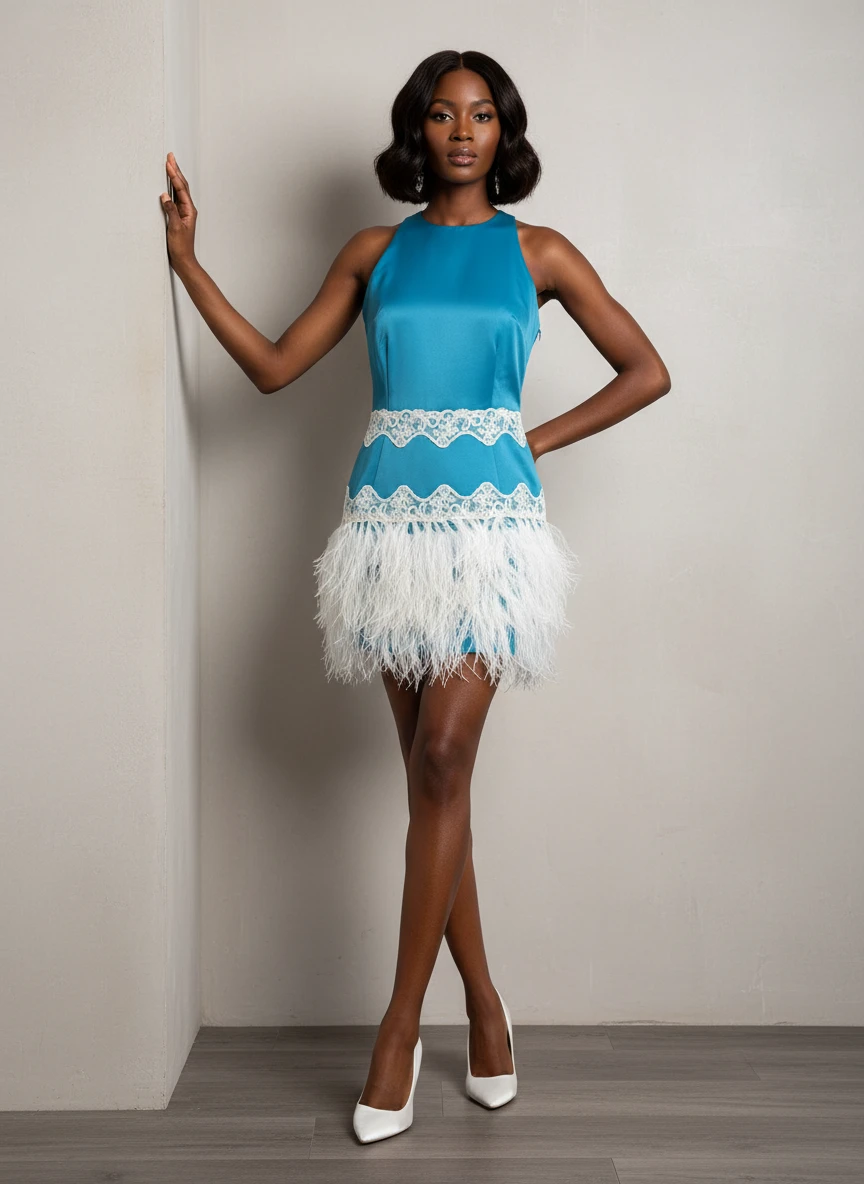 Vestido Azul Turquesa con Detalles de Encaje y Plumas
