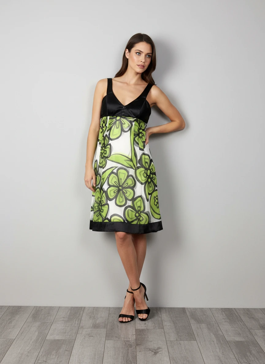 Vestido Estampado Floral Verde Limón y Negro