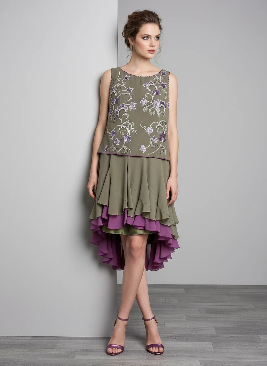 Vestido con Bordado Floral y Falda Asimétrica