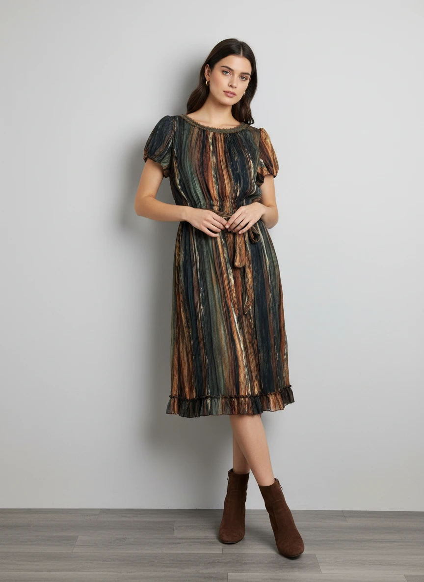 Vestido Plisado Multicolor con Cintura Ajustable
