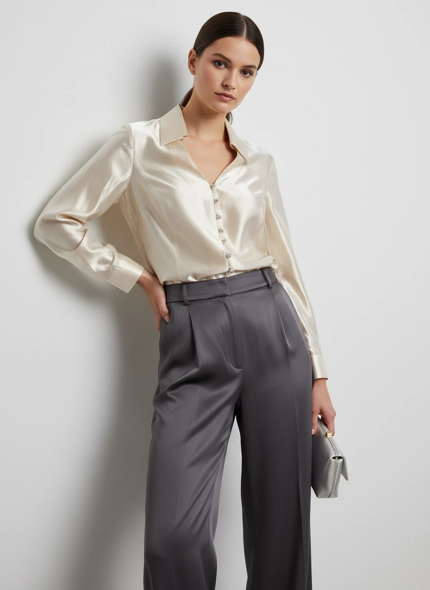 Blusa de Seda Marfil con Botones Decorativos