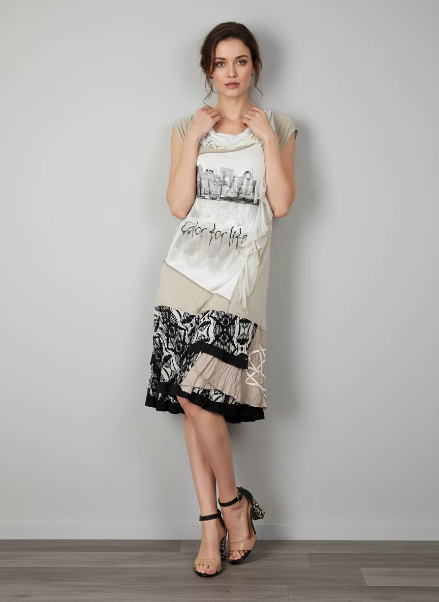 Vestido Artístico Capas Urbanas Color Crema Negro