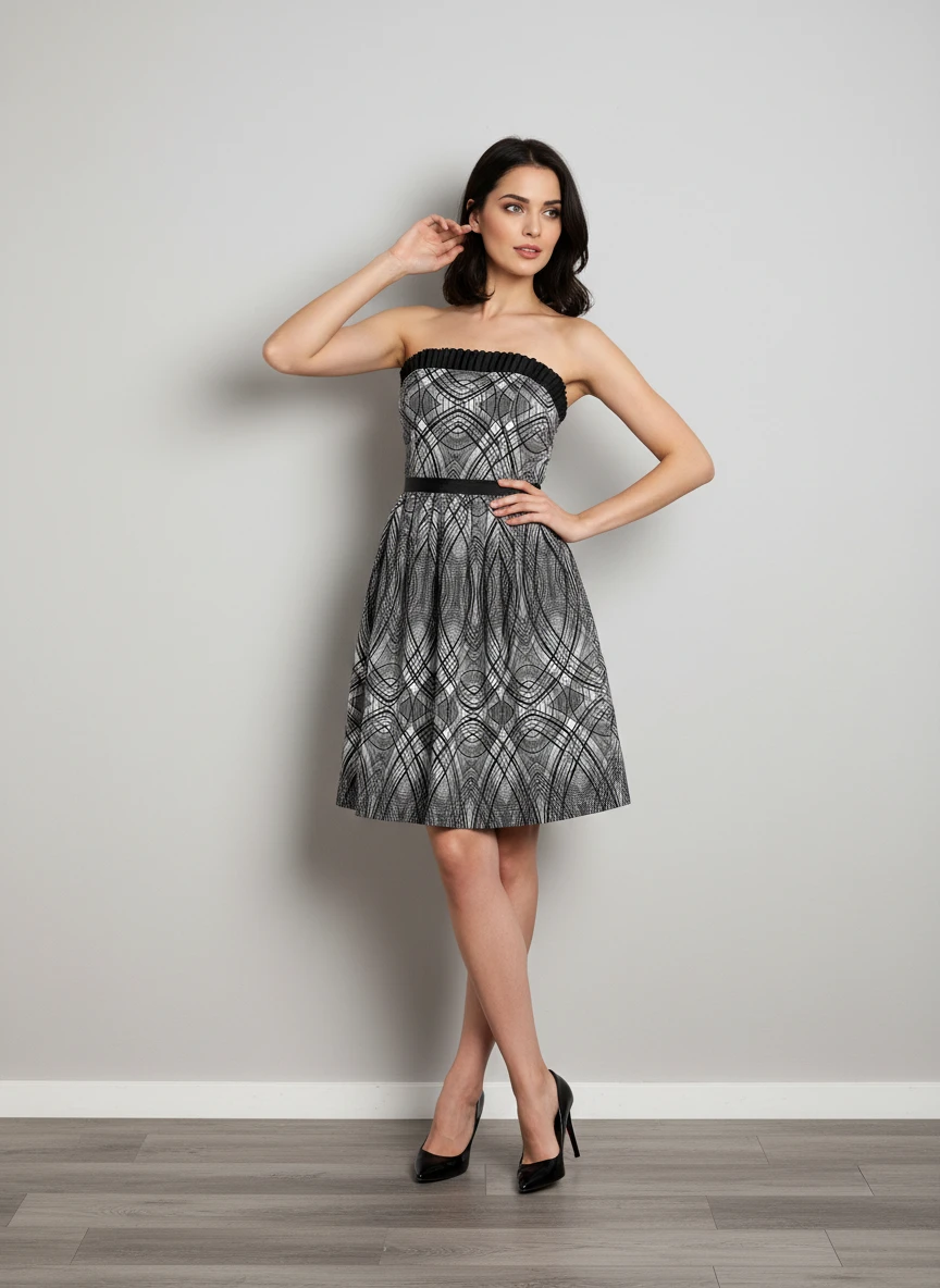 Vestido Strapless de Diseño Geométrico Negro