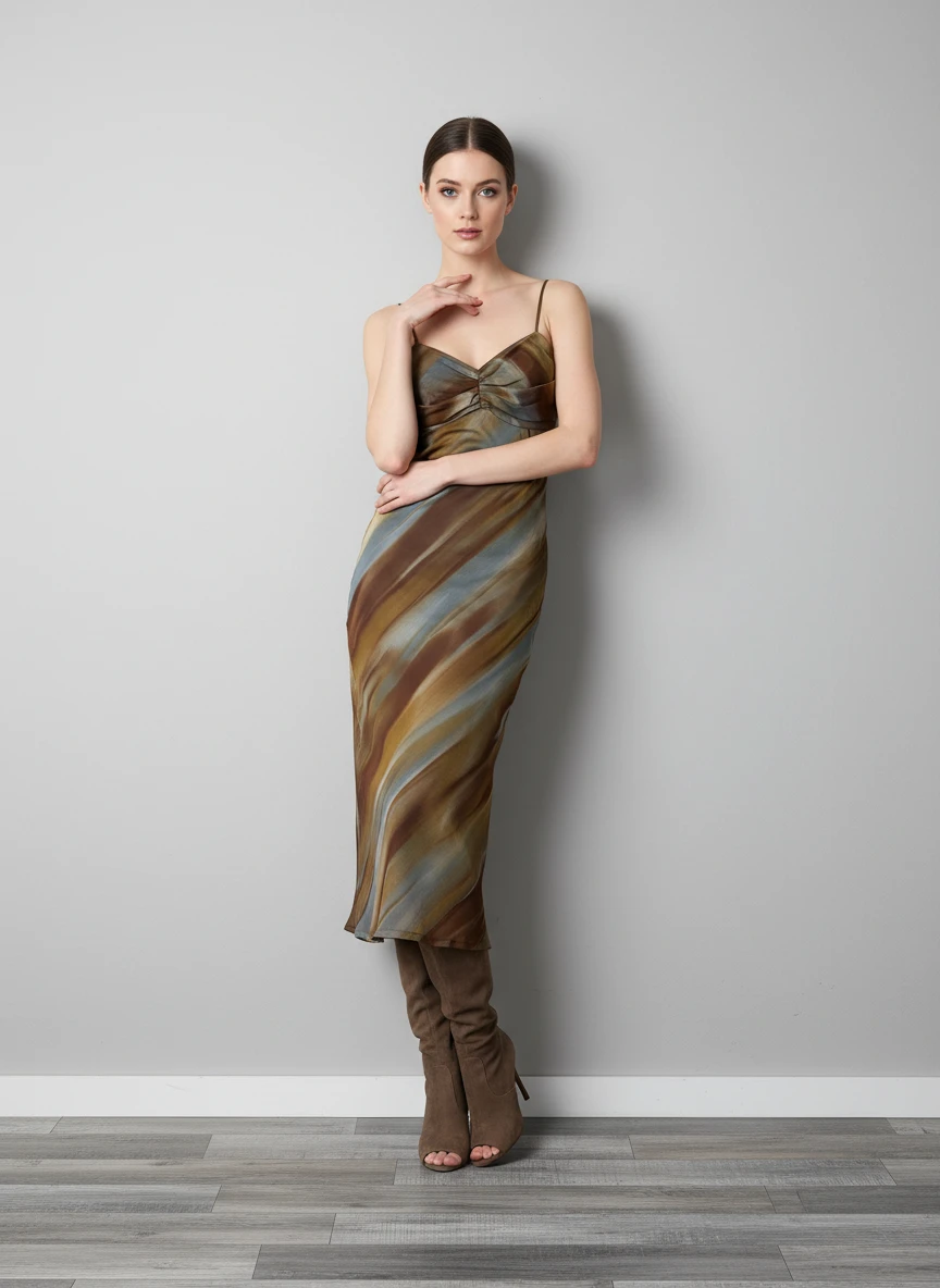 Vestido Midi Satinado con Estampado Diagonal en Tonos Tierra