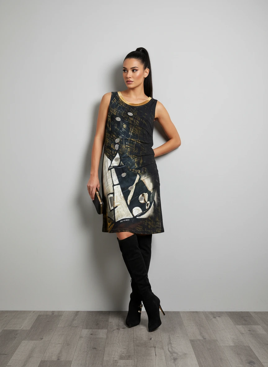 Vestido Abstracto Negro y Dorado con Detalles Artísticos