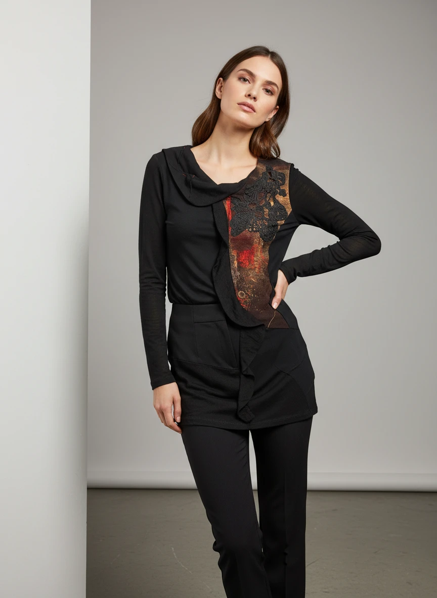 Blusa Negra con Detalle Artístico en Relieve