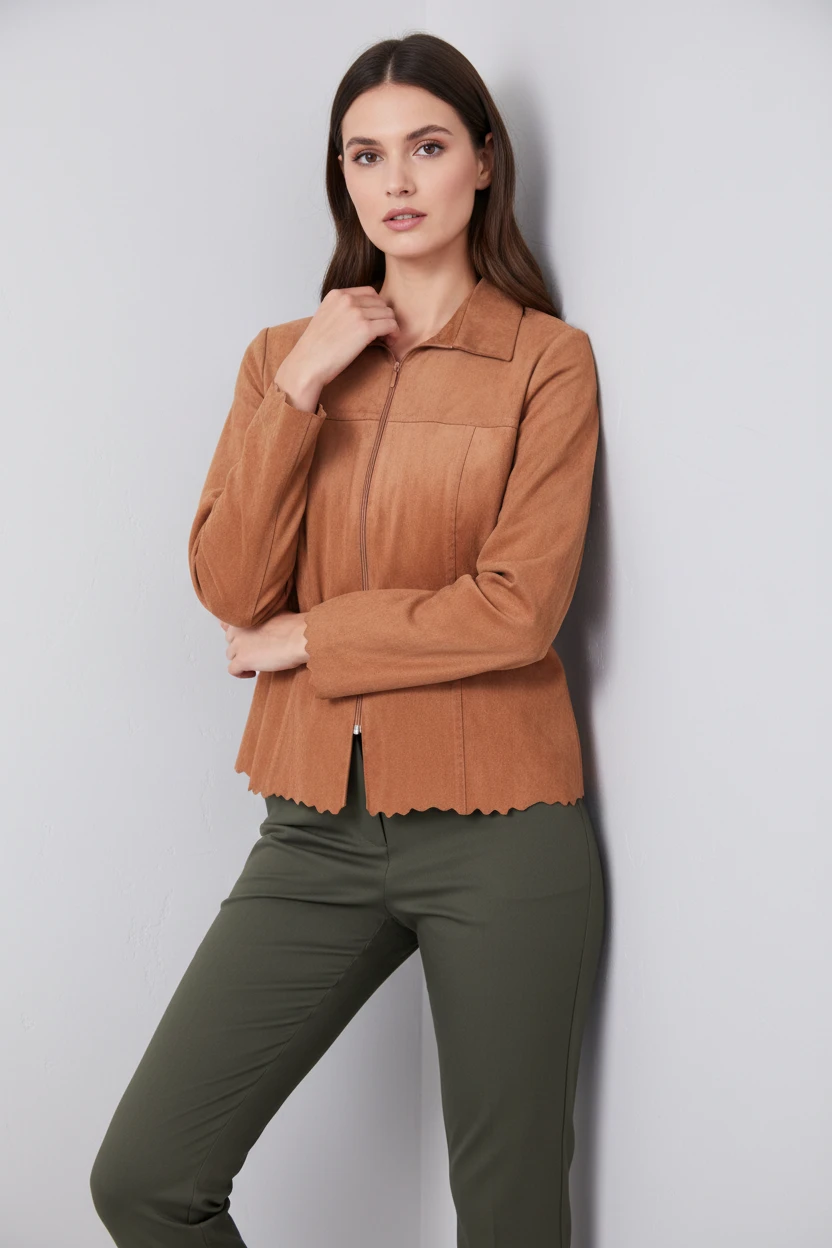 Blusa Camel con Borde Ondulado Decorativo