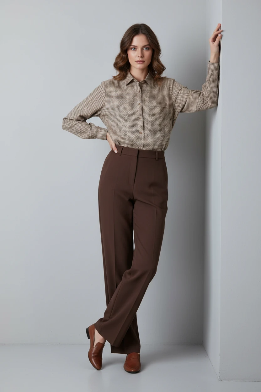 Blusa Clásica de Cuadros Beige con Cuello Camisero
