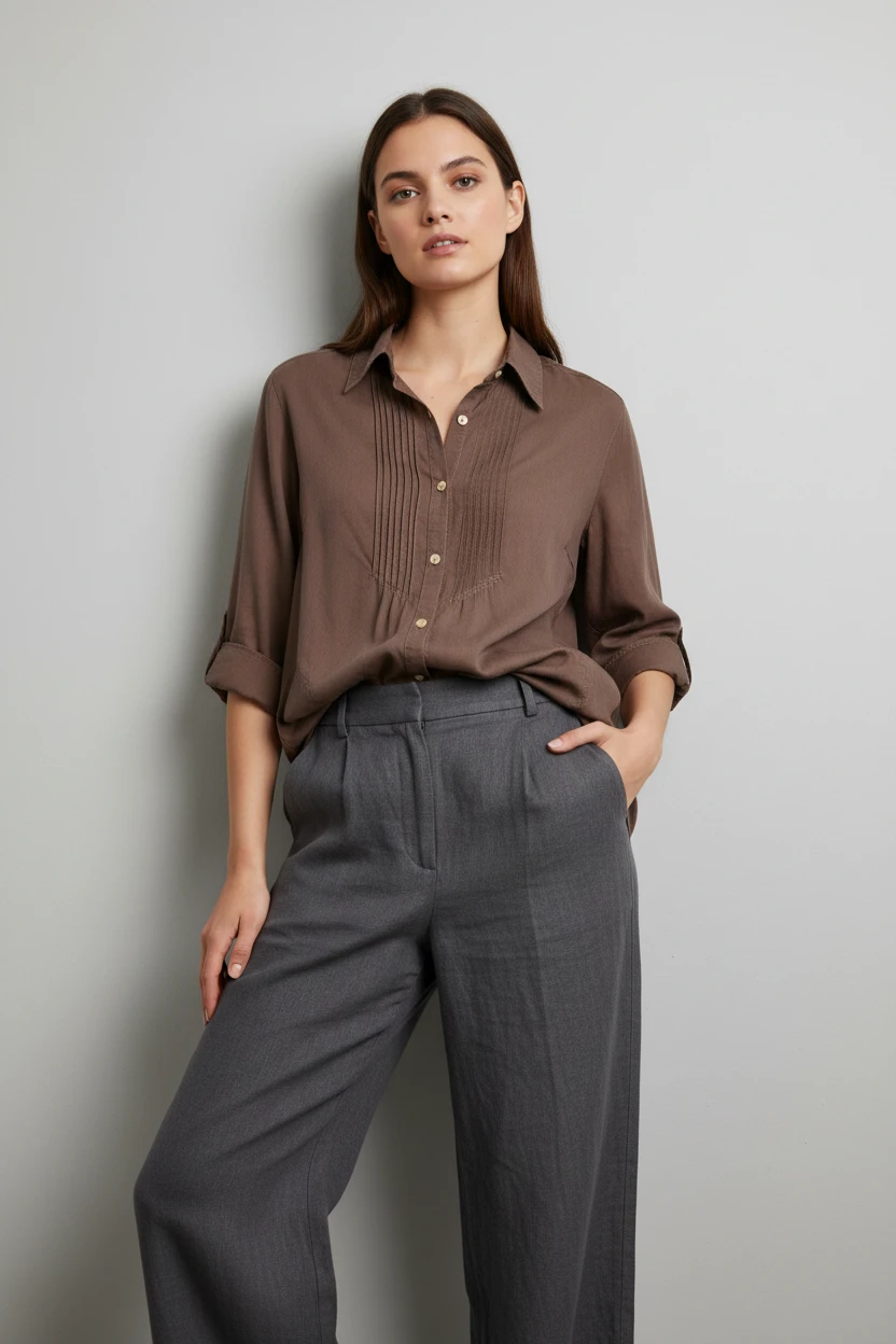 Blusa de Lino Marrón con Pliegues Decorativos
