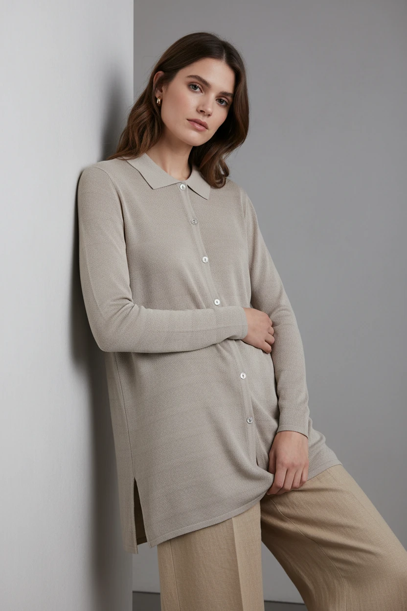 Camisa Larga de Punto Beige con Cuello Clásico