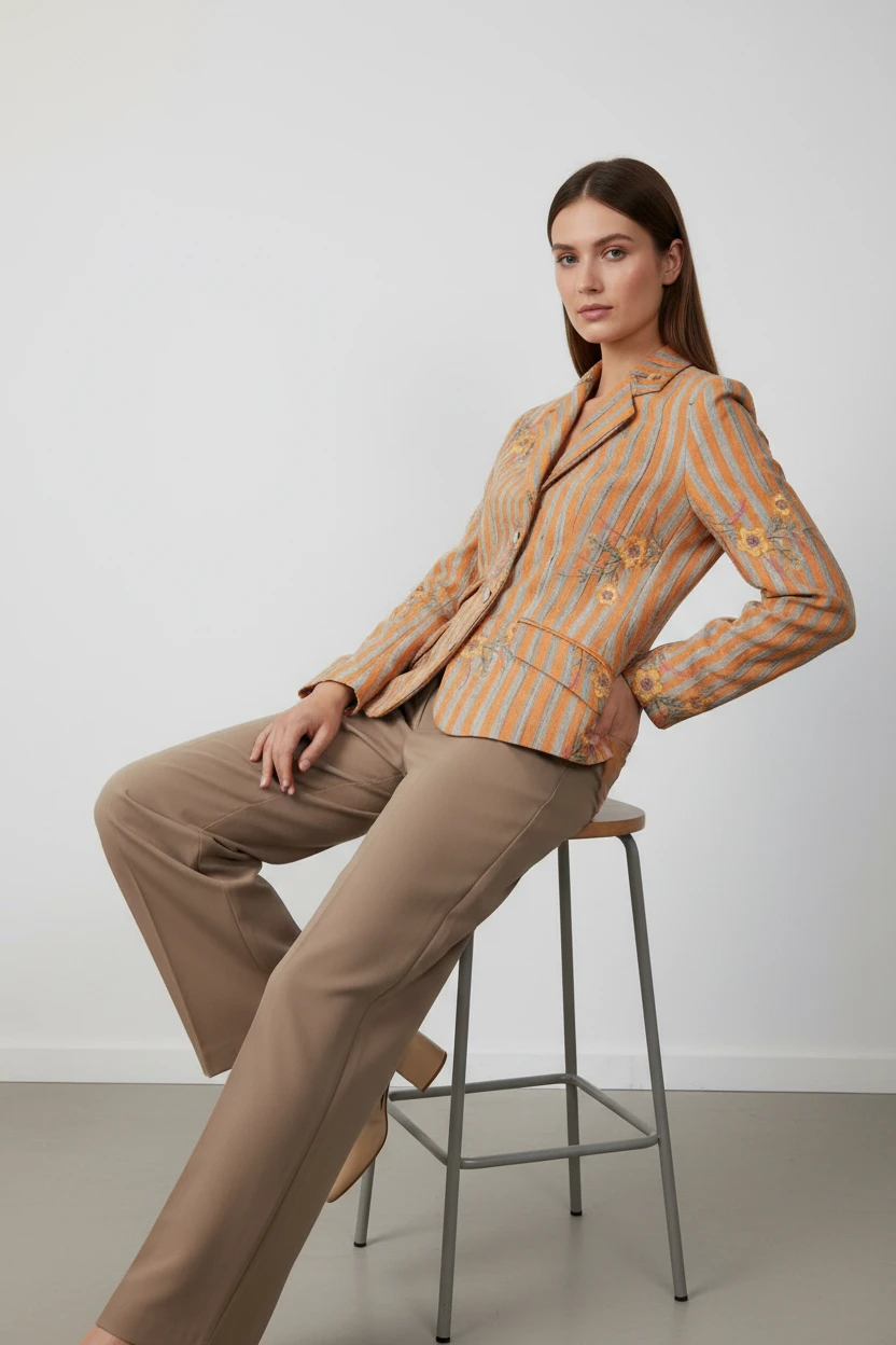 Blazer Rayado Naranja con Estampado Floral