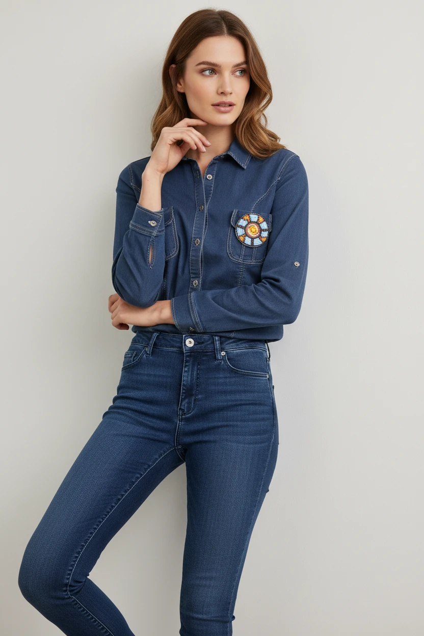 Camisa Denim Azul con Detalle Bordado Floral
