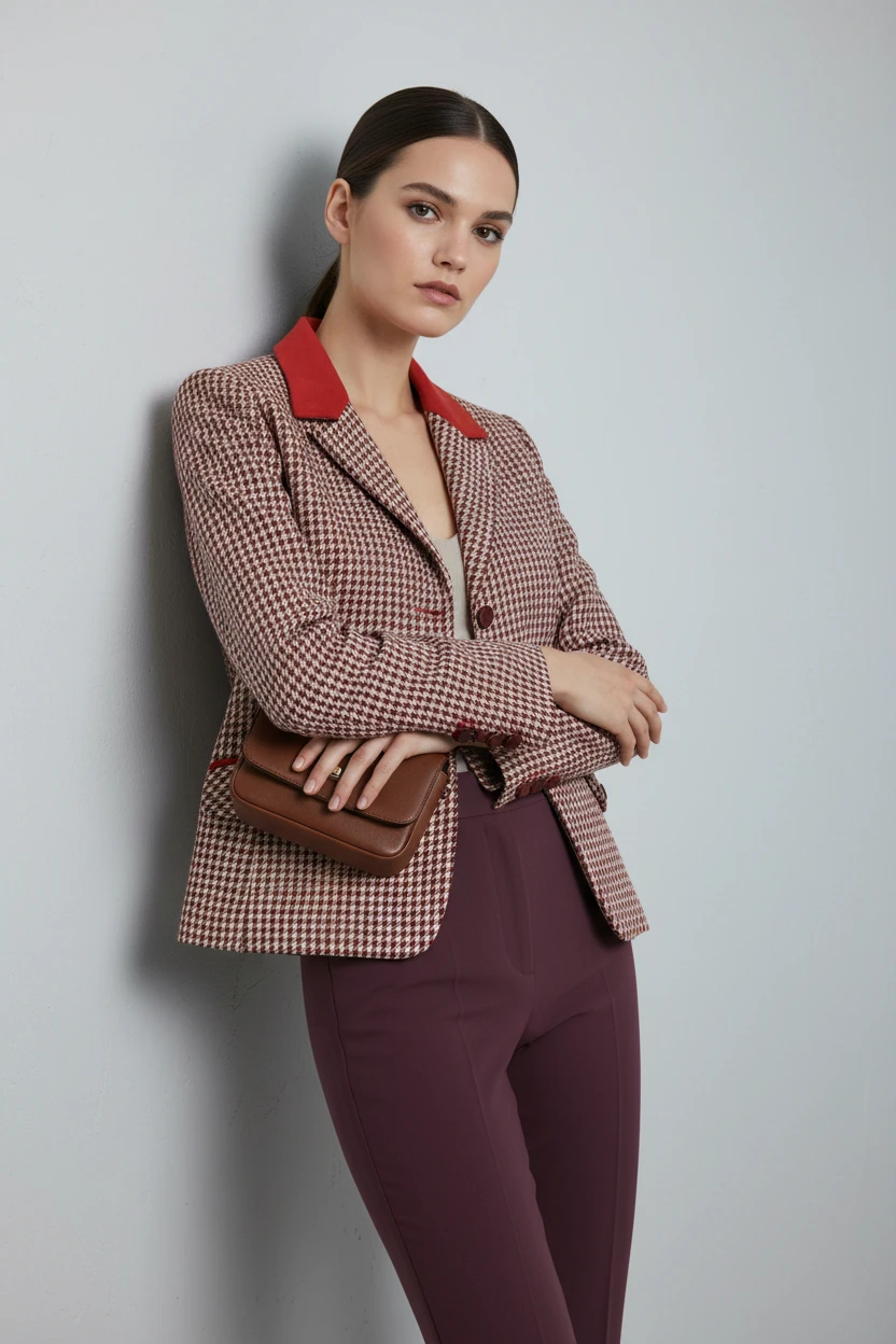 Blazer Houndstooth Bicolor con Cuello Rojo Intenso