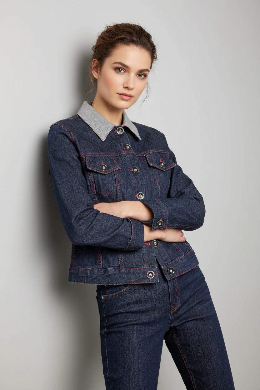 Chaqueta Denim Clásica con Cuello Contrastante Gris