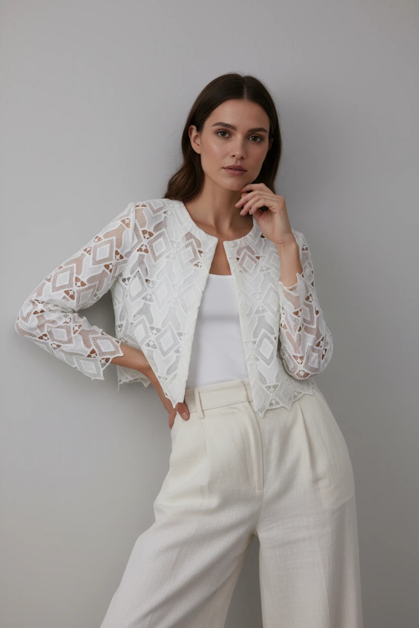 Chaqueta de Encaje Blanco Elegante y Sofisticada