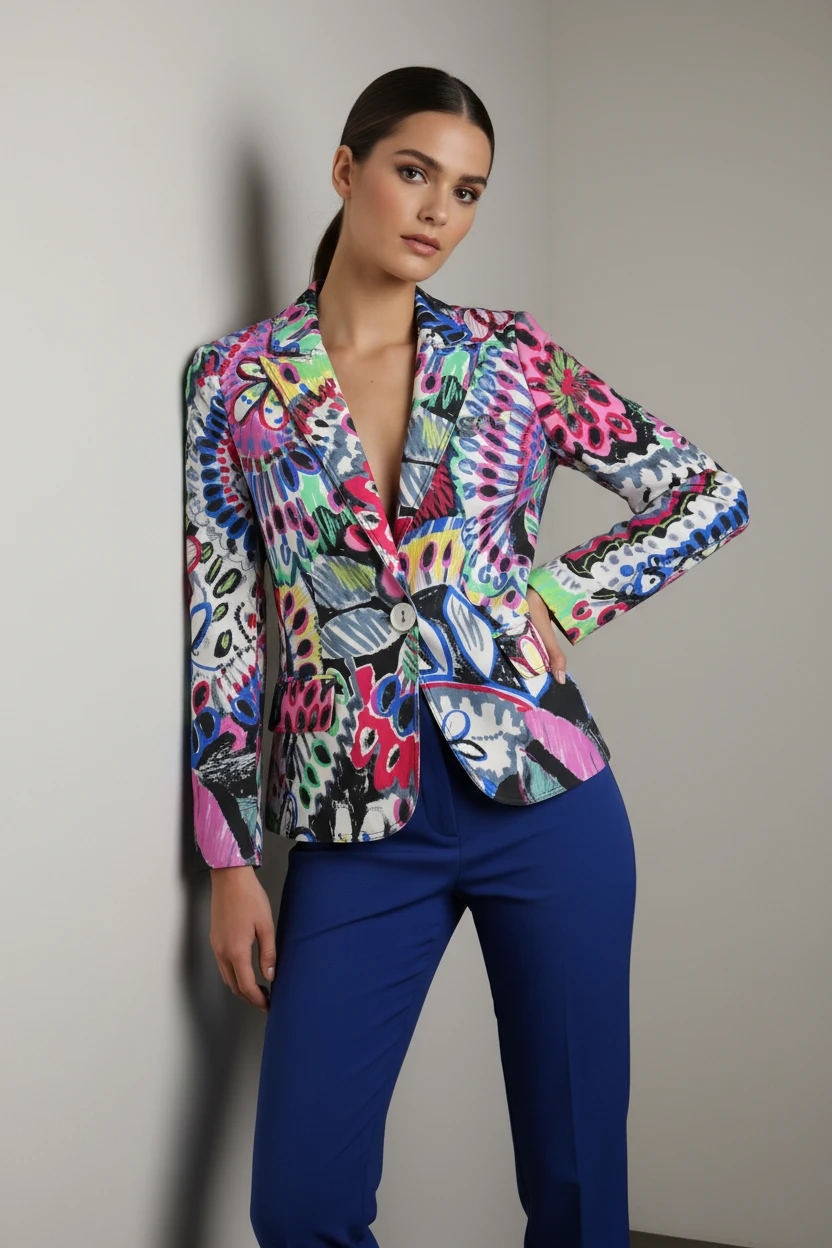 Blazer Multicolor con Estampado Artístico Vibrante