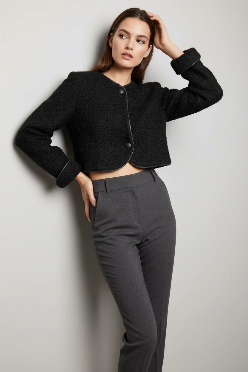 Chaqueta Crop Negra Texturizada con Botones