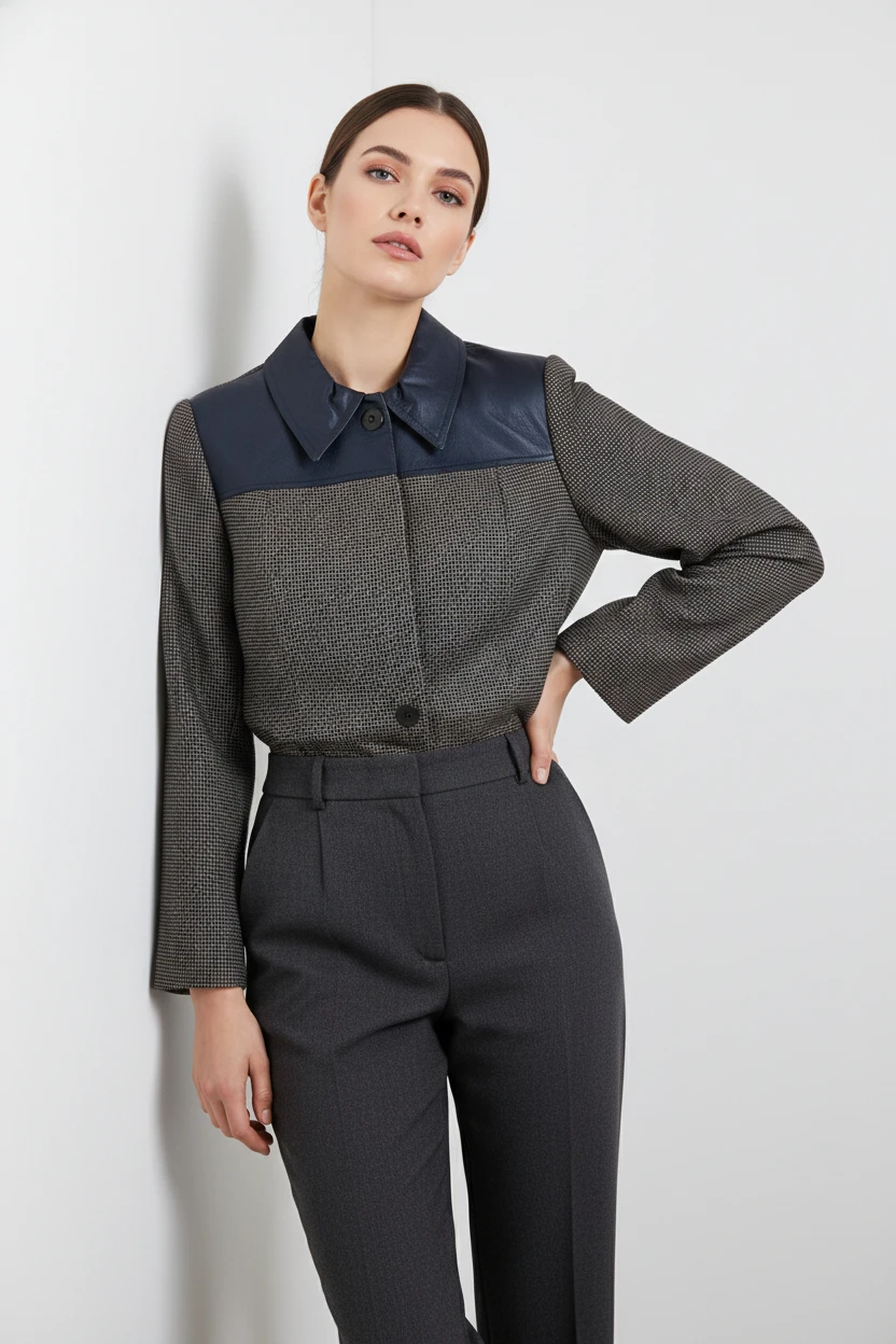 Blusa Bicolor Elegante con Cuello Estructurado