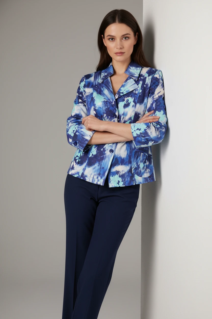 Blazer Estampado Azul con Patrón Abstracto