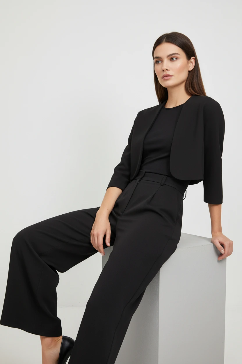 Blazer Minimalista Negro con Mangas Tres Cuartos