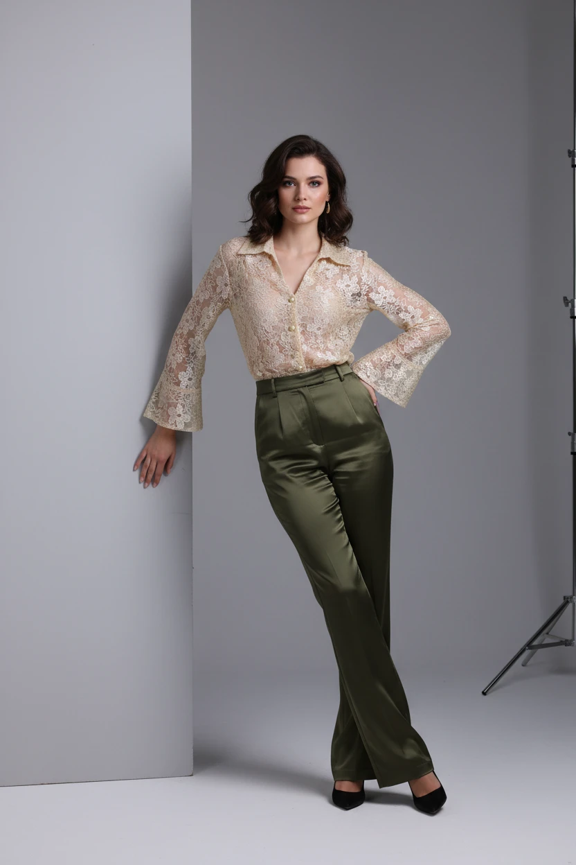 Blusa de Encaje Beige con Mangas Acampanadas Elegante