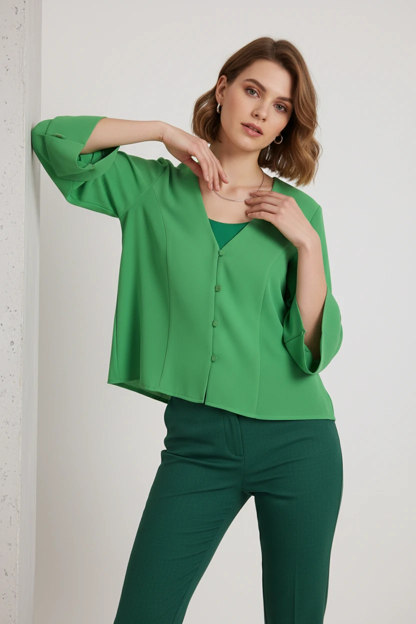 Blusa Verde Botón Manga Corta