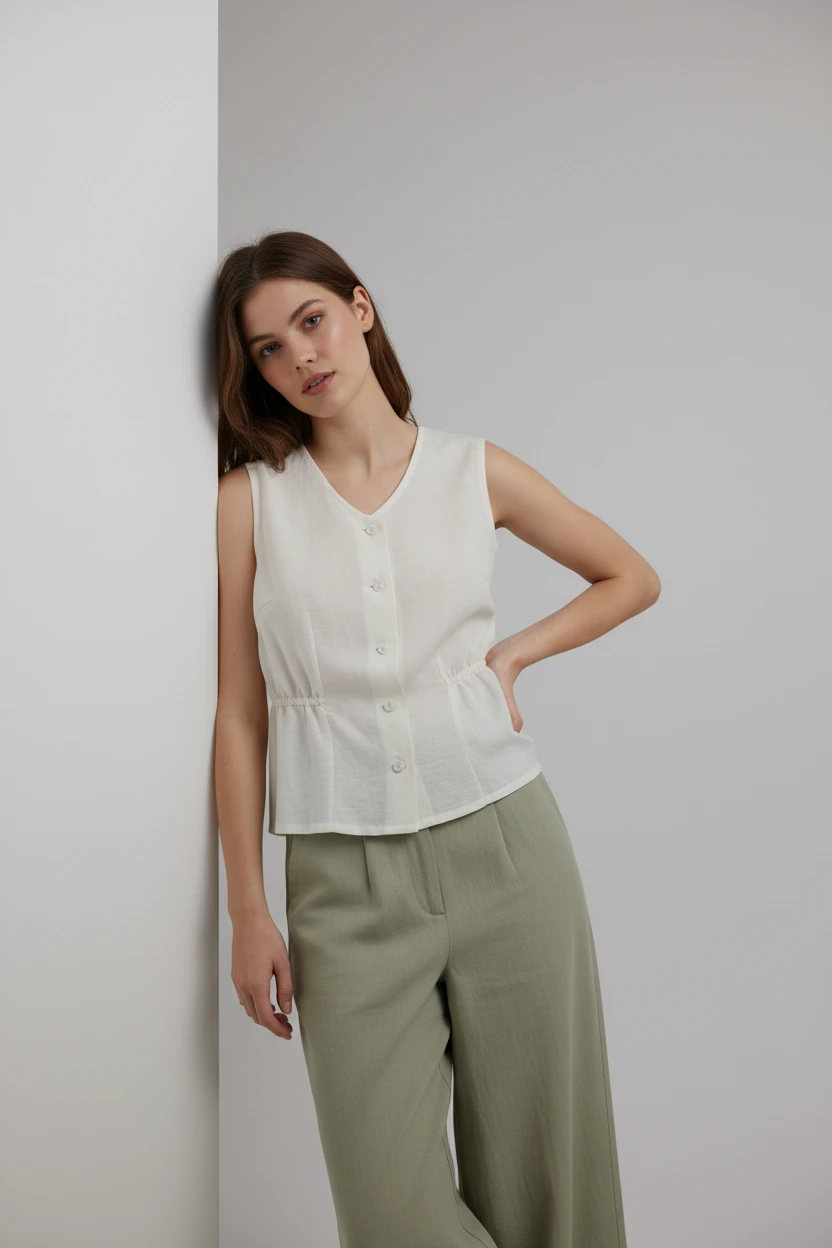 Blusa sin mangas blanca con cintura ajustada