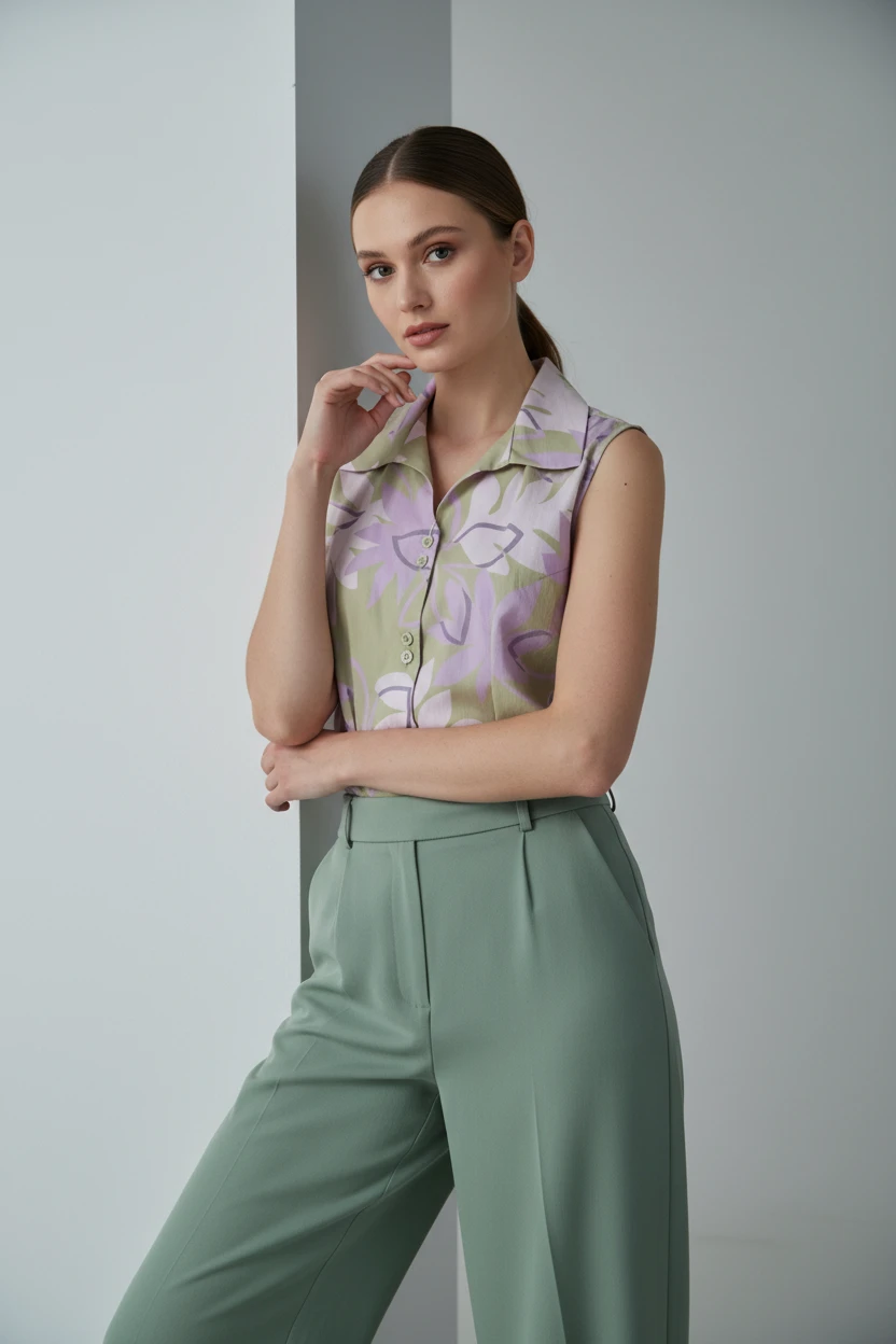 Blusa Floral sin Mangas con Cuello Clásico
