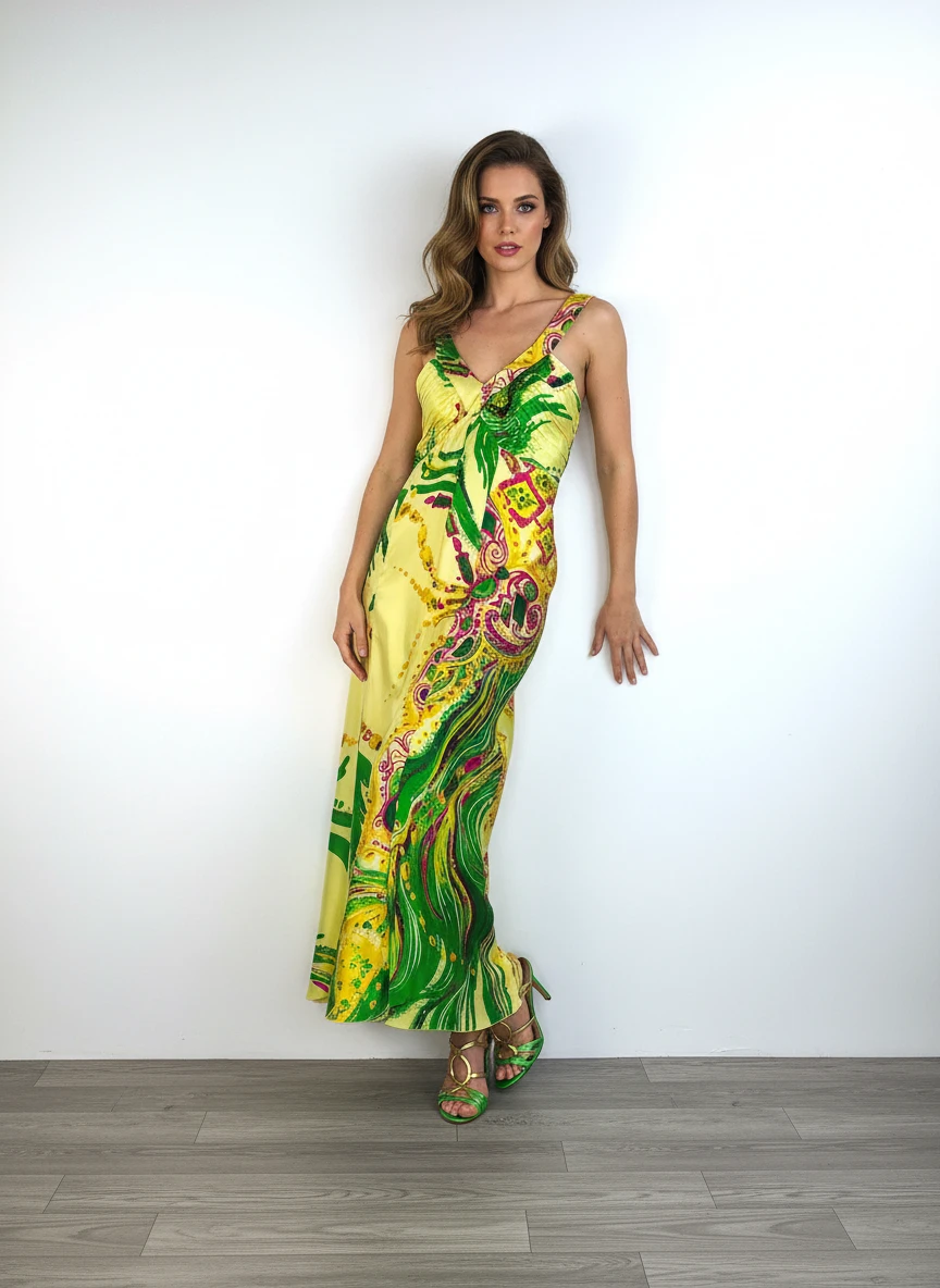 Elegante Vestido Floral Amarillo y Verde