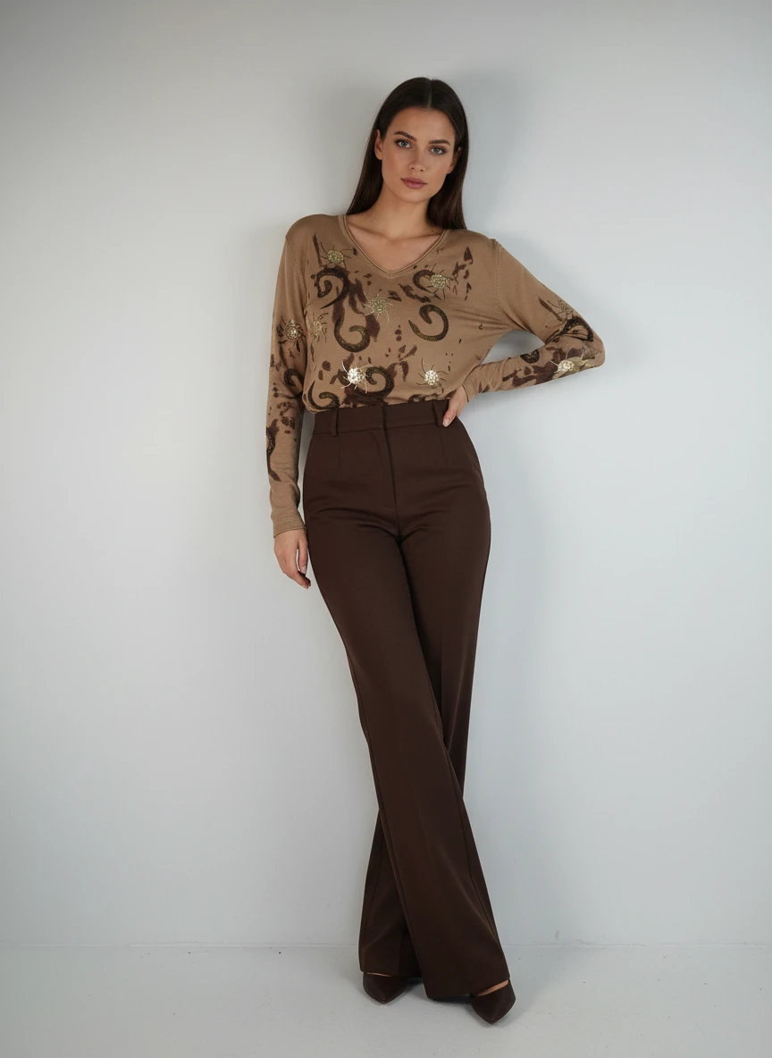 Blusa Beige con Estampado Decorativo Bronce