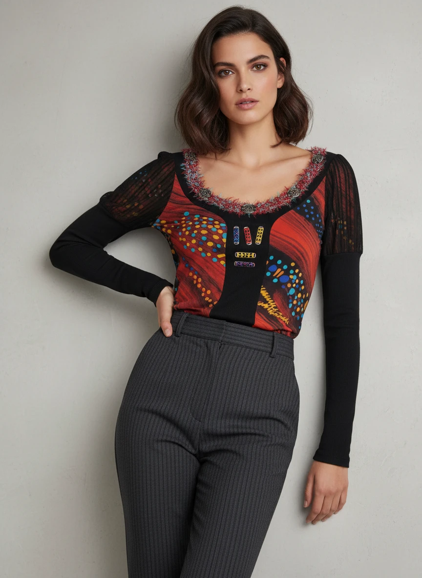 Blusa Artística con Cuello Decorado y Mangas Largas