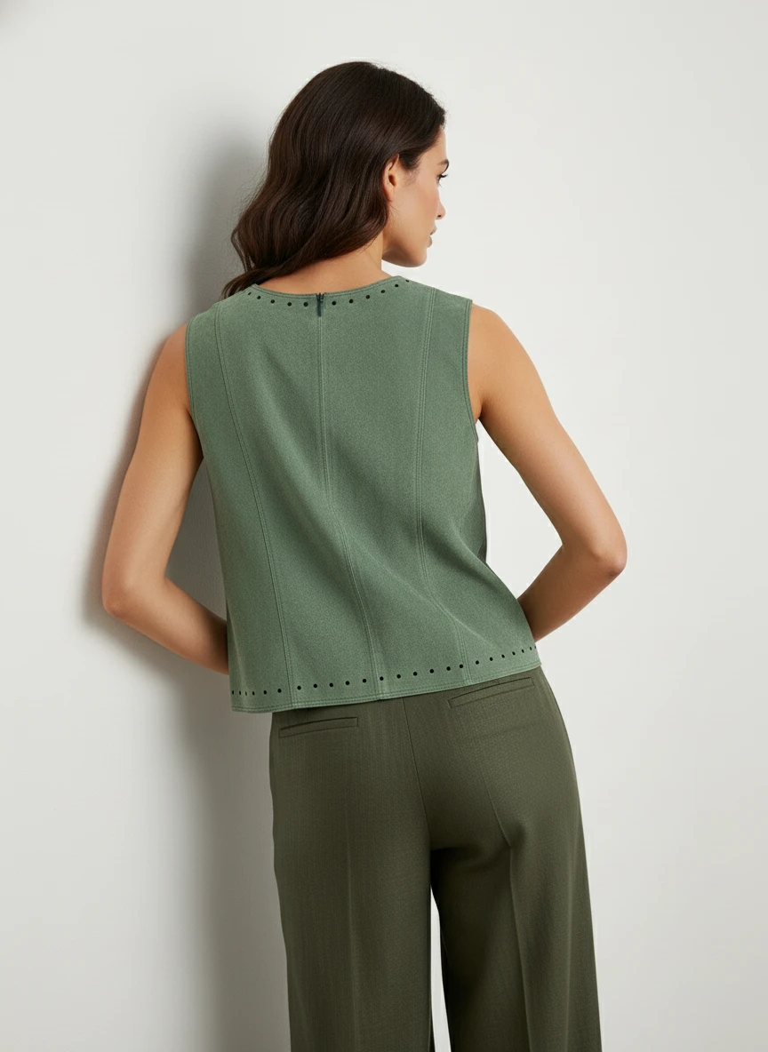 Blusa Sin Mangas Verde Salvia con Detalles Perforados - Imagen 2